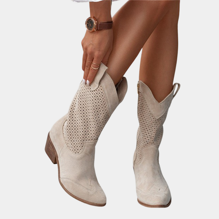 Perforated Block Heel Western Boots for Women