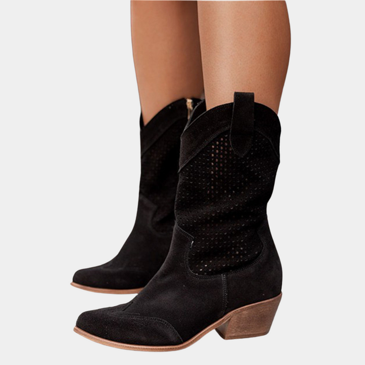 Perforated Block Heel Western Boots for Women