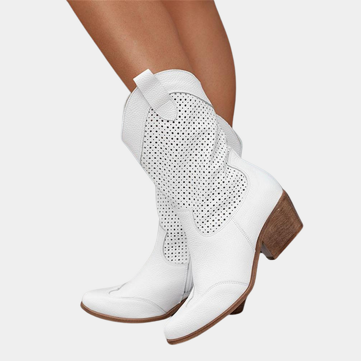 Perforated Block Heel Western Boots for Women