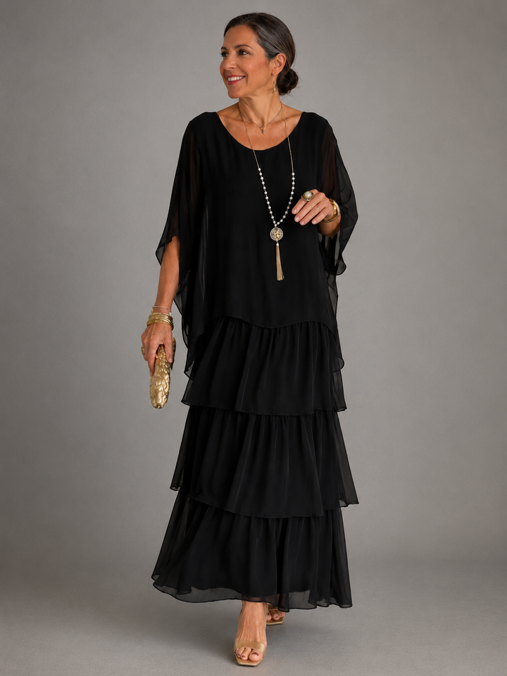 Tiered Chiffon Cape Sleeve Maxi Dress for Women