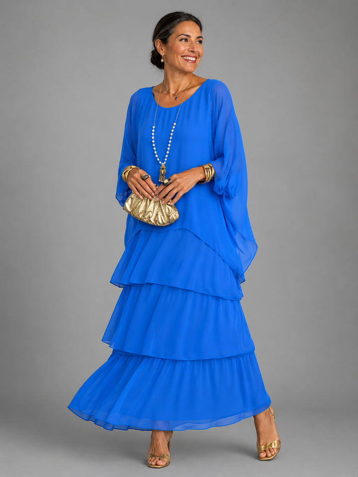 Tiered Chiffon Cape Sleeve Maxi Dress for Women