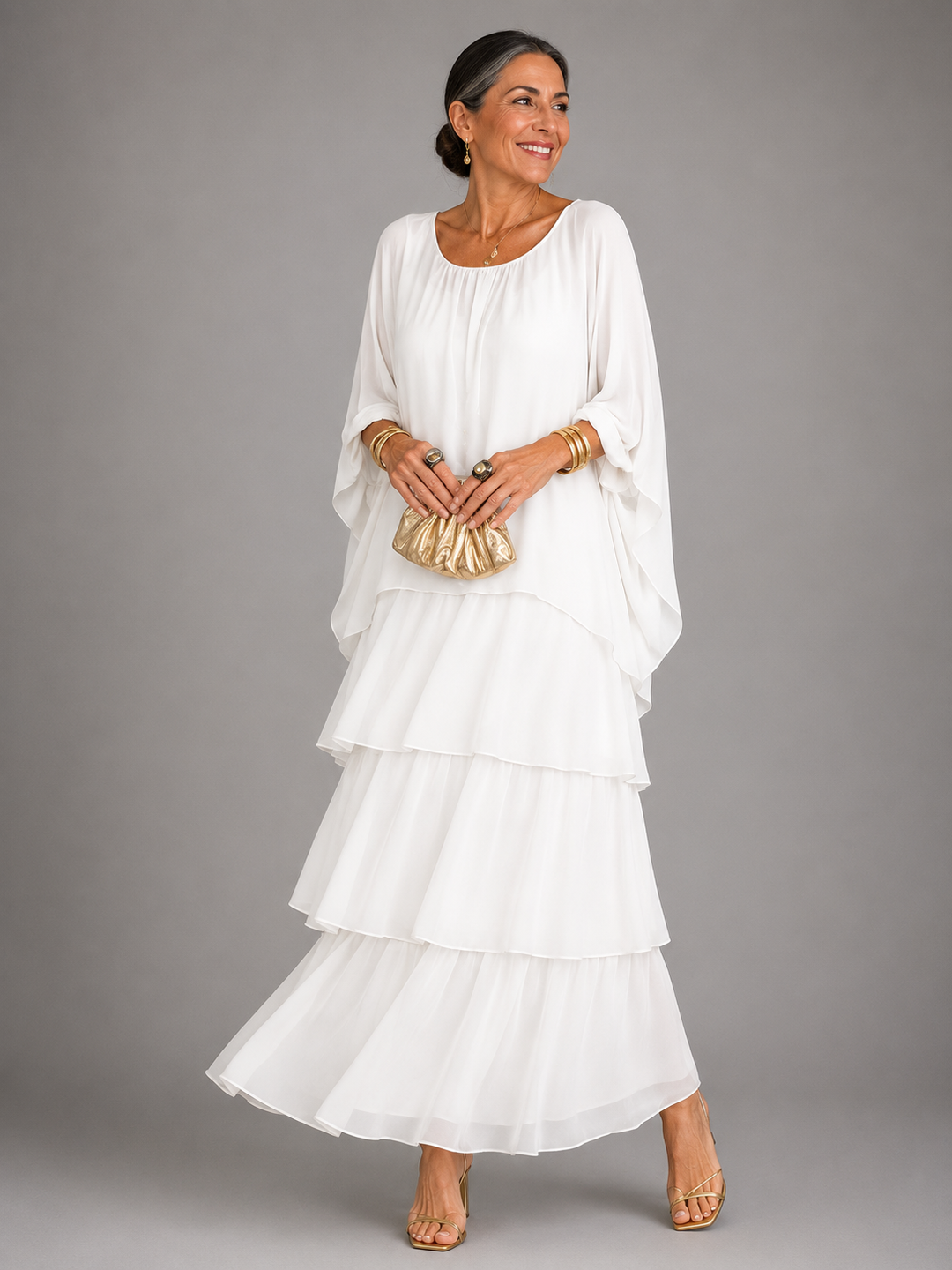 Tiered Chiffon Cape Sleeve Maxi Dress for Women