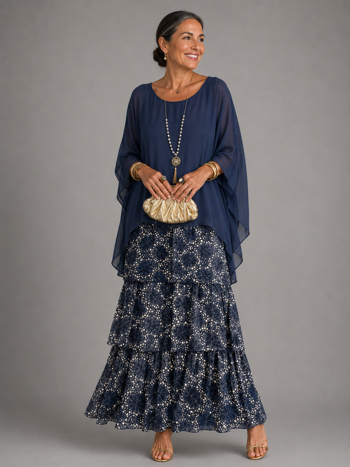 Tiered Chiffon Cape Sleeve Maxi Dress for Women