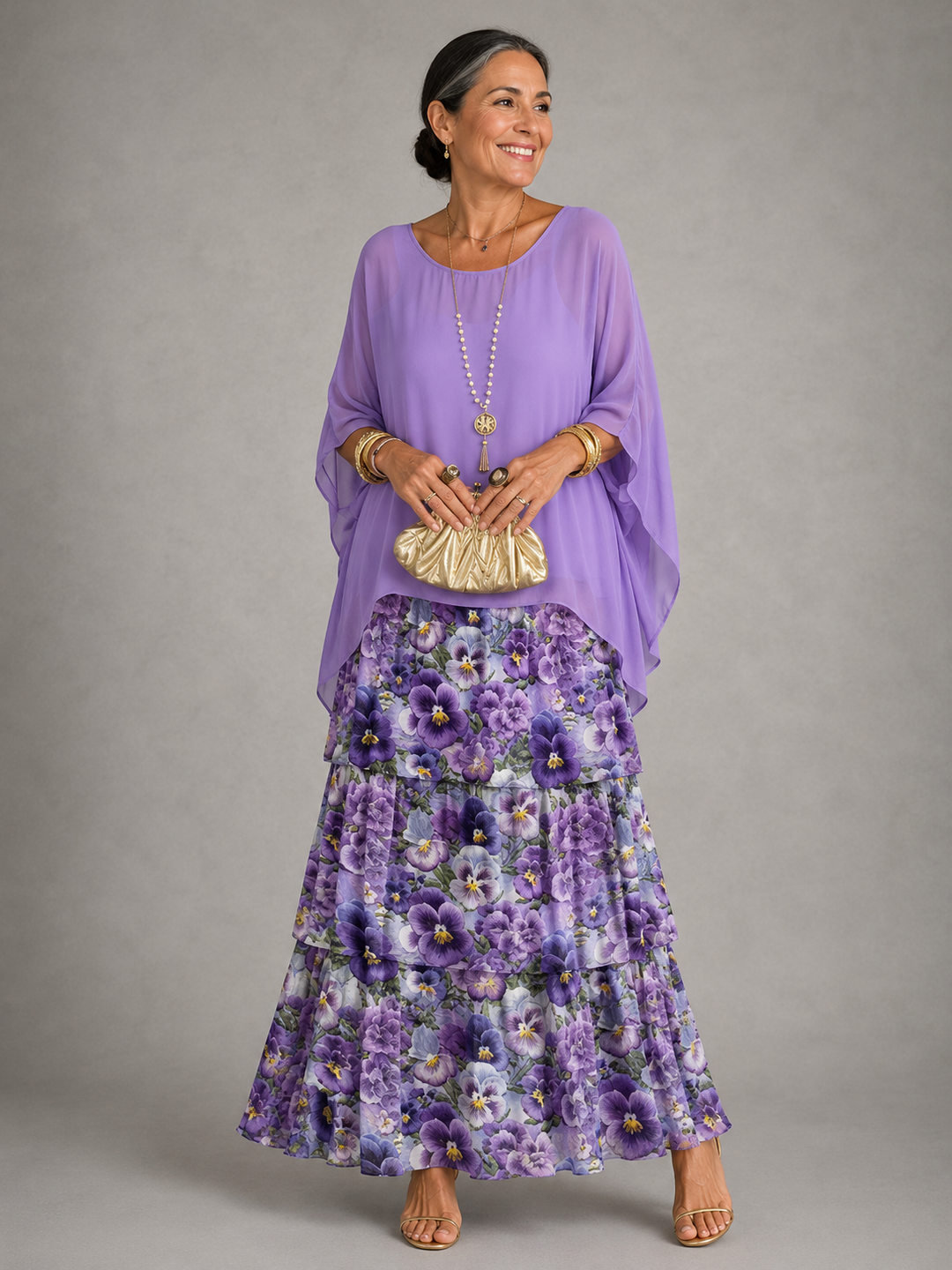 Tiered Chiffon Cape Sleeve Maxi Dress for Women