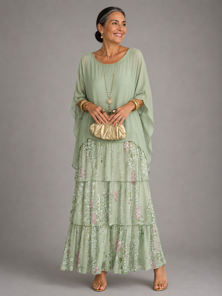 Tiered Chiffon Cape Sleeve Maxi Dress for Women