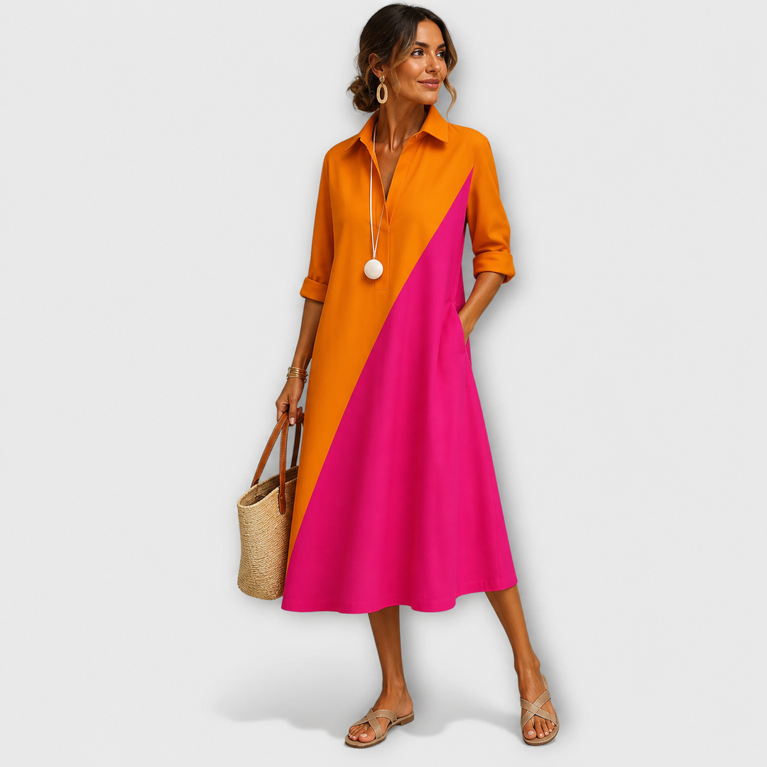 Color Block Shirt Collar Midi Dress for Women