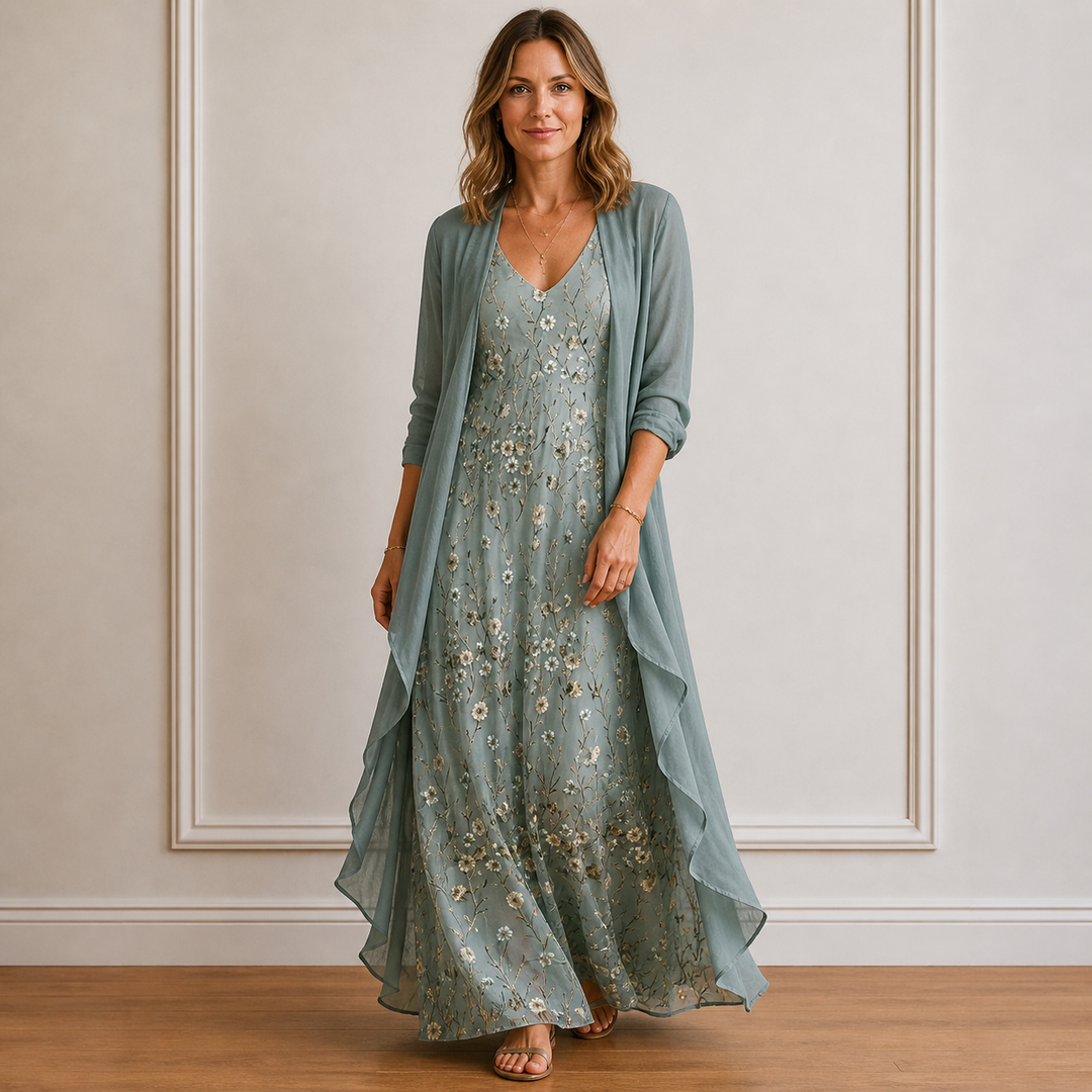 Floral Maxi Dress and Kimono Set for Women