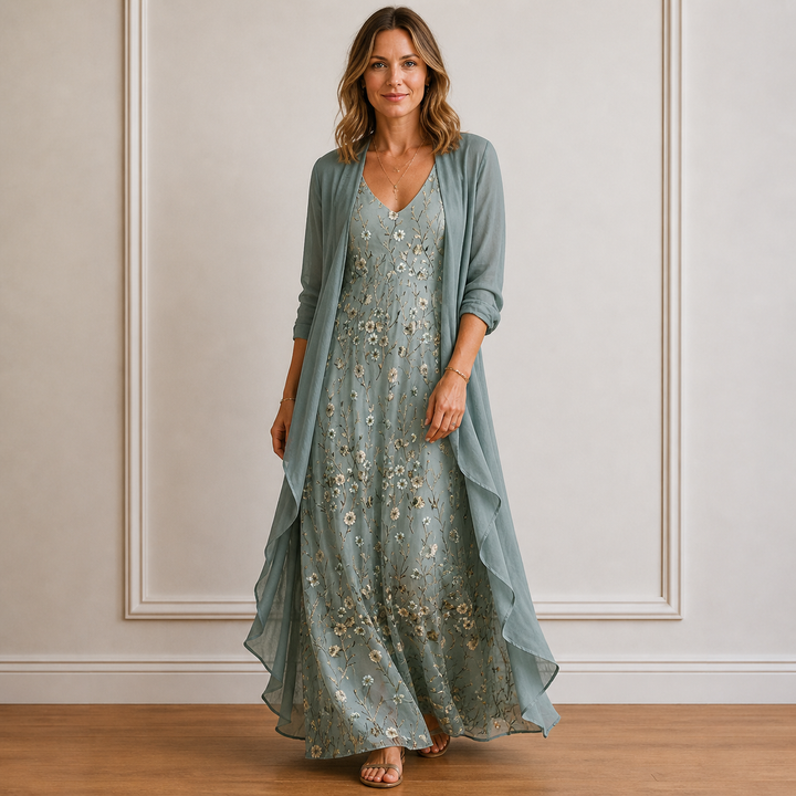 Floral Maxi Dress and Kimono Set for Women