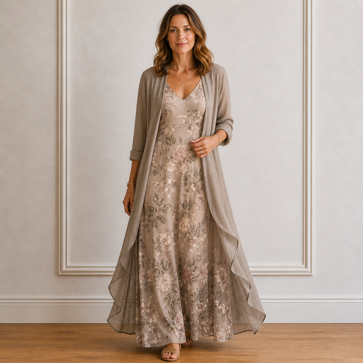 Floral Maxi Dress and Kimono Set for Women