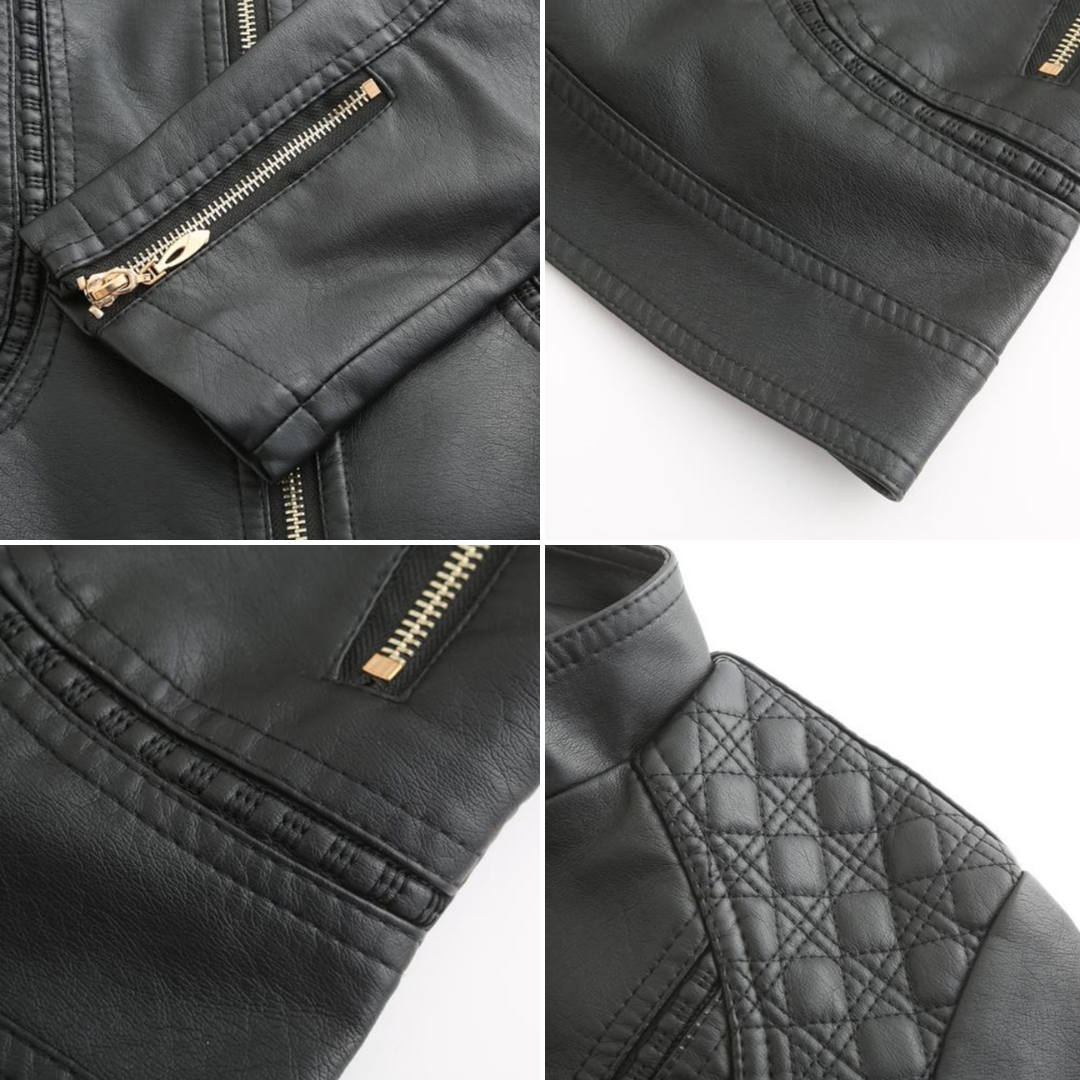 Leather Biker Jacket with Stand Collar for Women