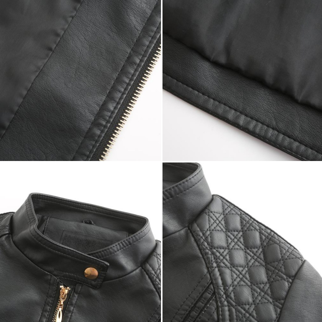 Leather Biker Jacket with Stand Collar for Women