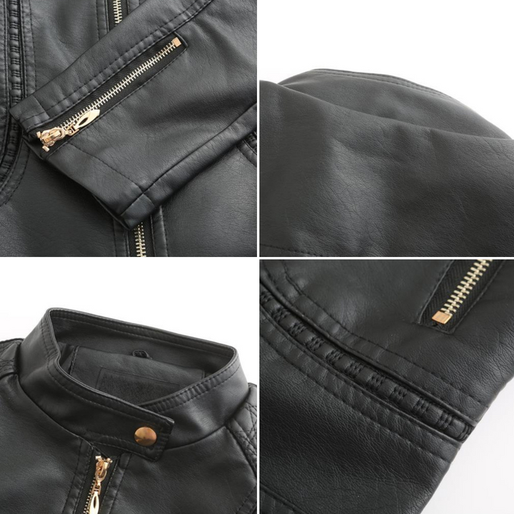 Leather Biker Jacket with Stand Collar for Women