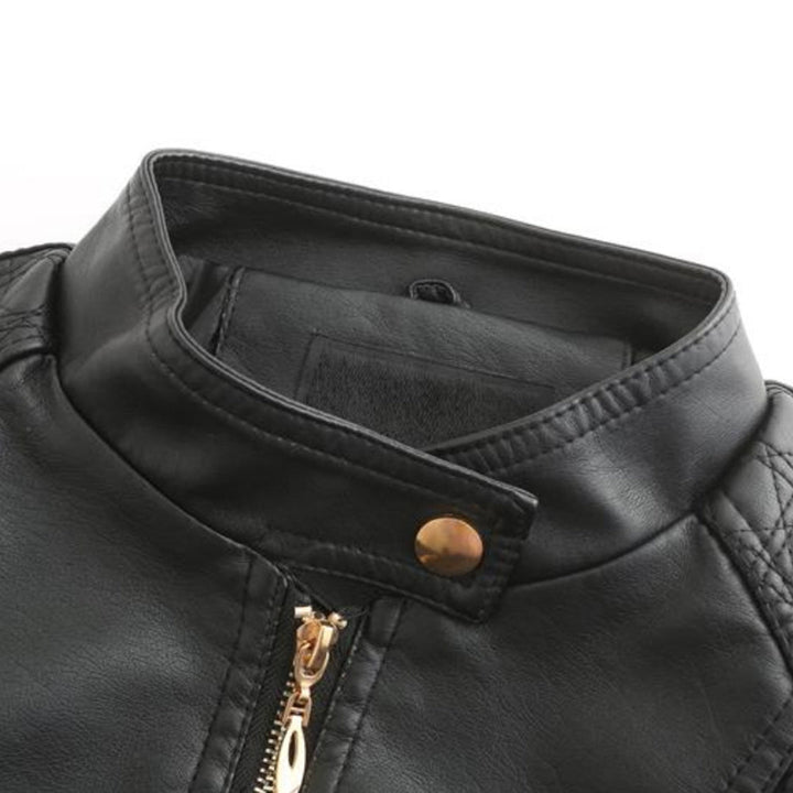 Leather Biker Jacket with Stand Collar for Women