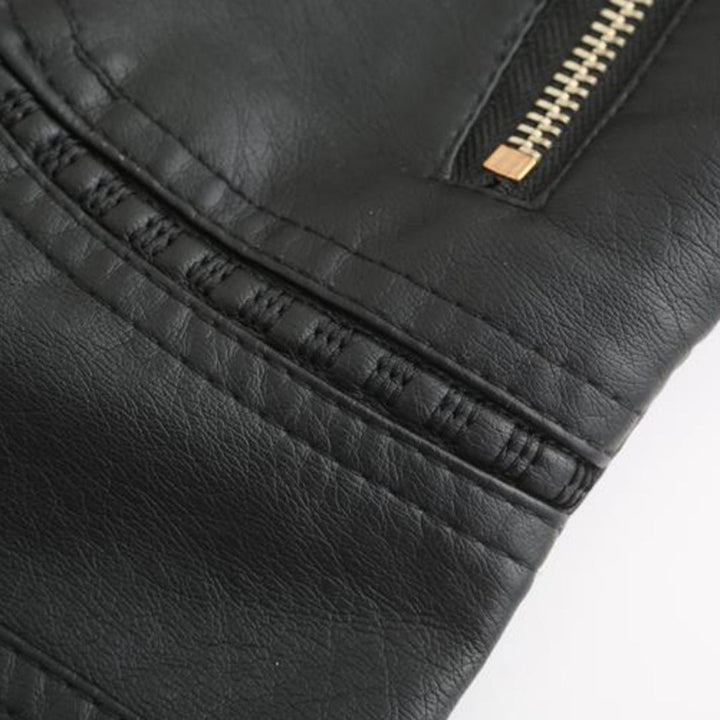 Leather Biker Jacket with Stand Collar for Women