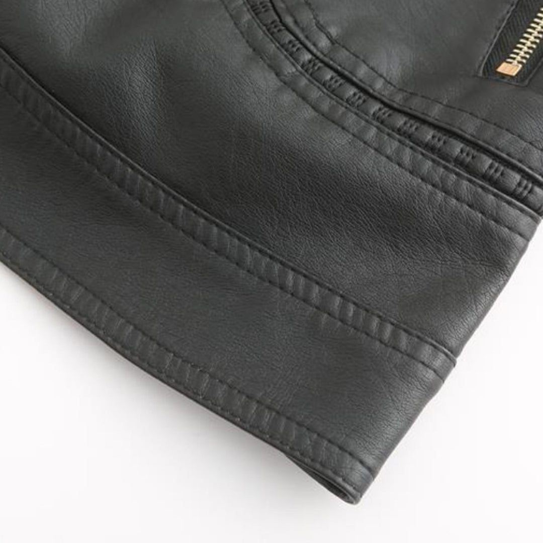 Leather Biker Jacket with Stand Collar for Women