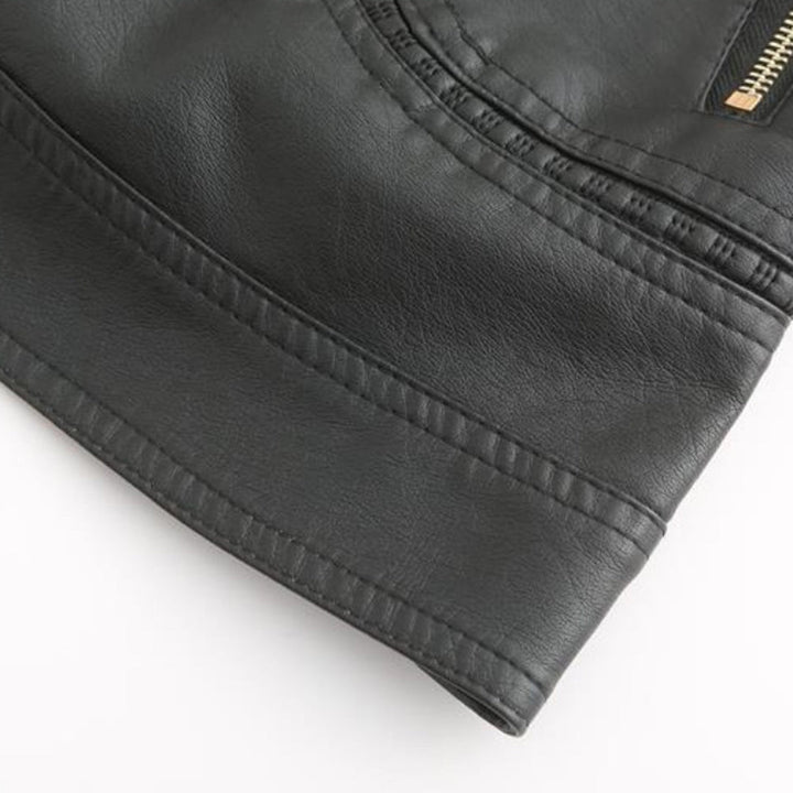 Leather Biker Jacket with Stand Collar for Women