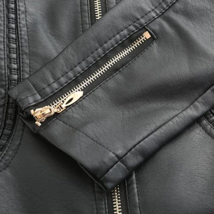 Leather Biker Jacket with Stand Collar for Women