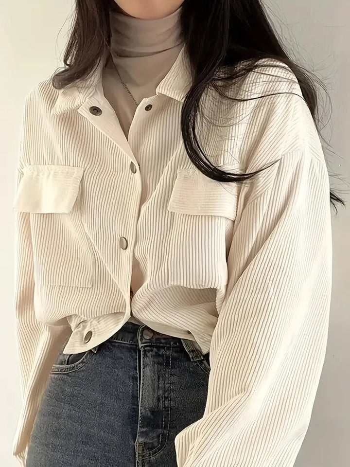 Cropped Button-Up Jacket with Flap Pockets for Women