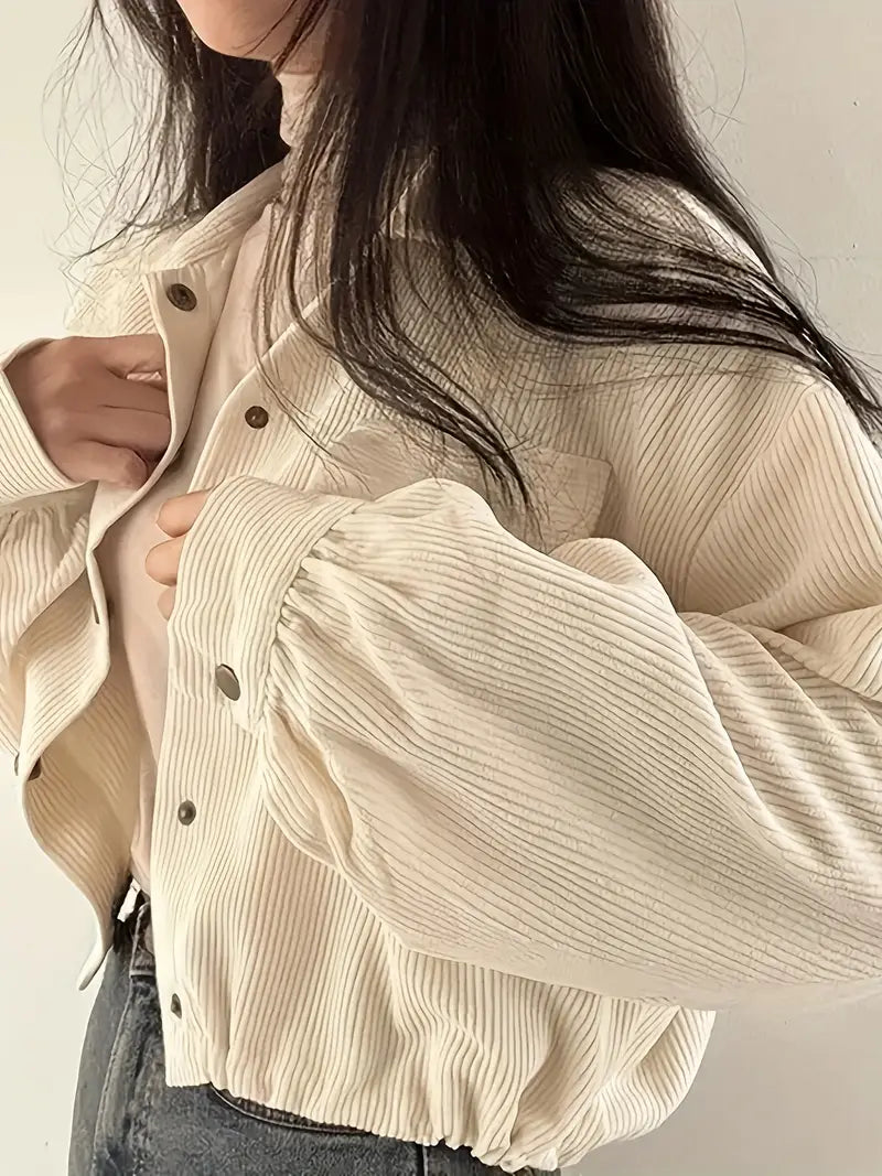 Cropped Button-Up Jacket with Flap Pockets for Women