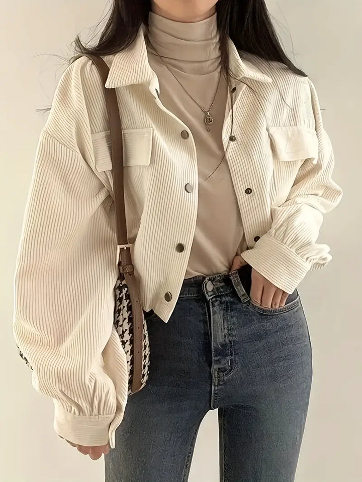 Cropped Button-Up Jacket with Flap Pockets for Women