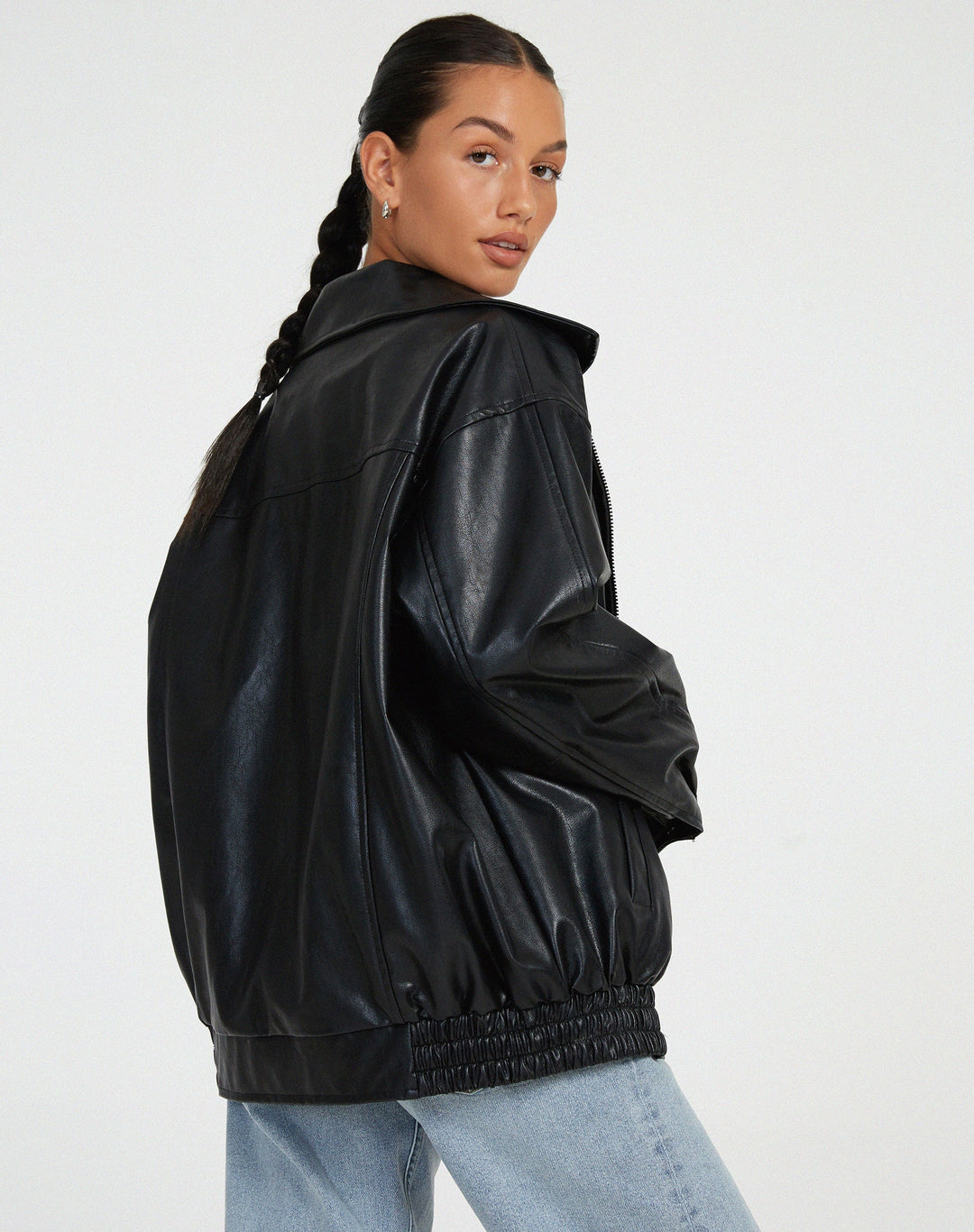Oversized Faux Leather Zip Jacket for Women