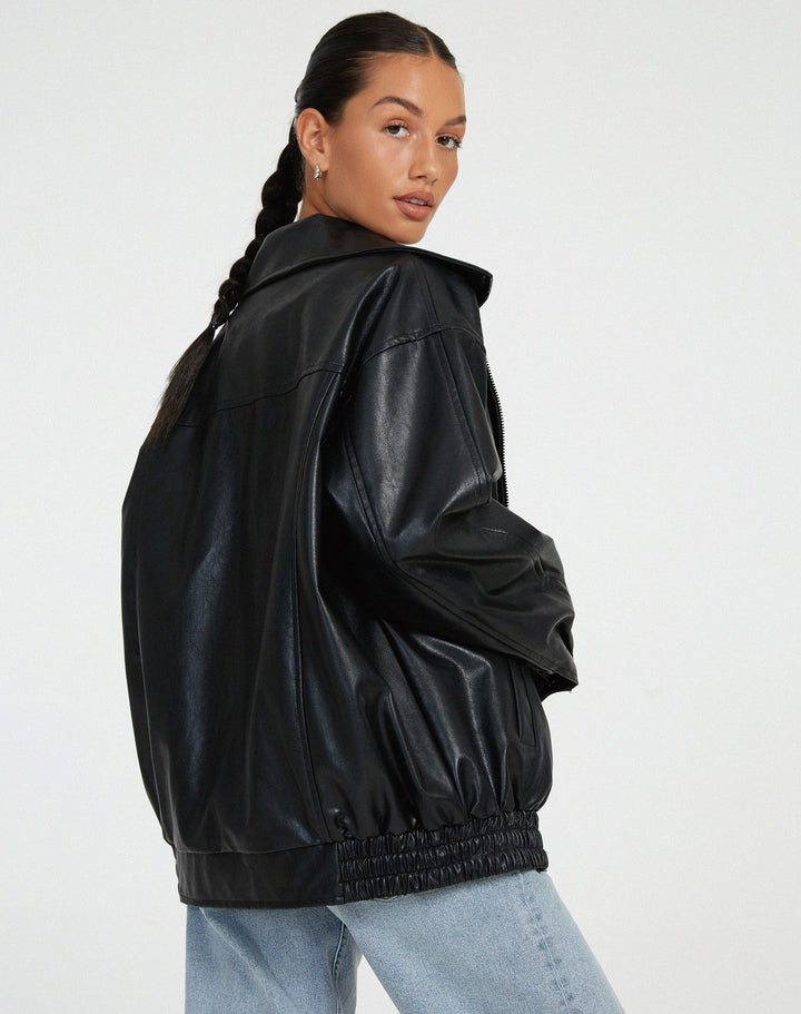 Oversized Faux Leather Zip Jacket for Women