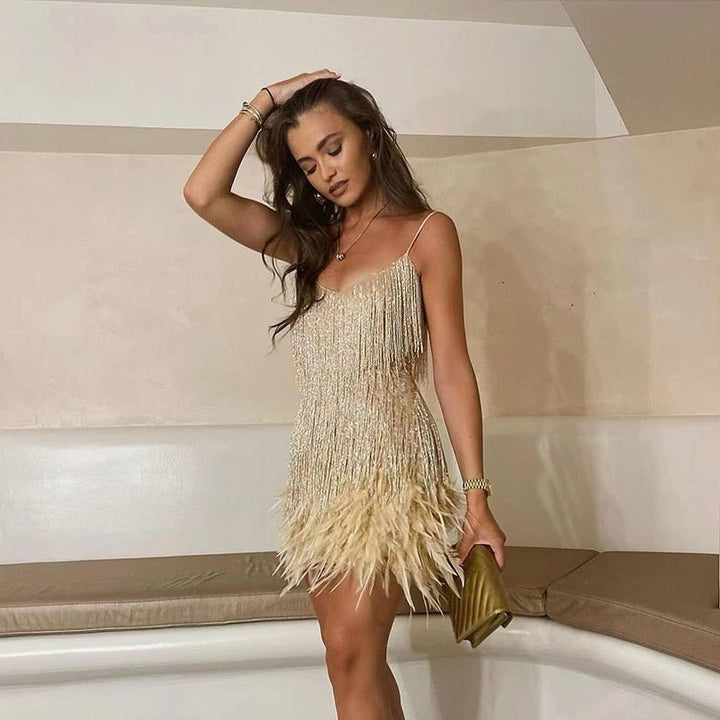 Elegant Feather Mini Dress with Flattering Fit