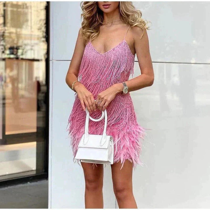 Elegant Feather Mini Dress with Flattering Fit
