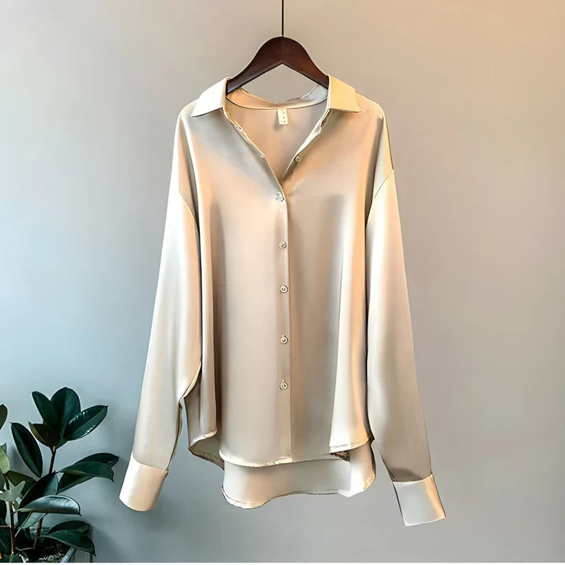 Satin Long Sleeve Button-Up Blouse for Women