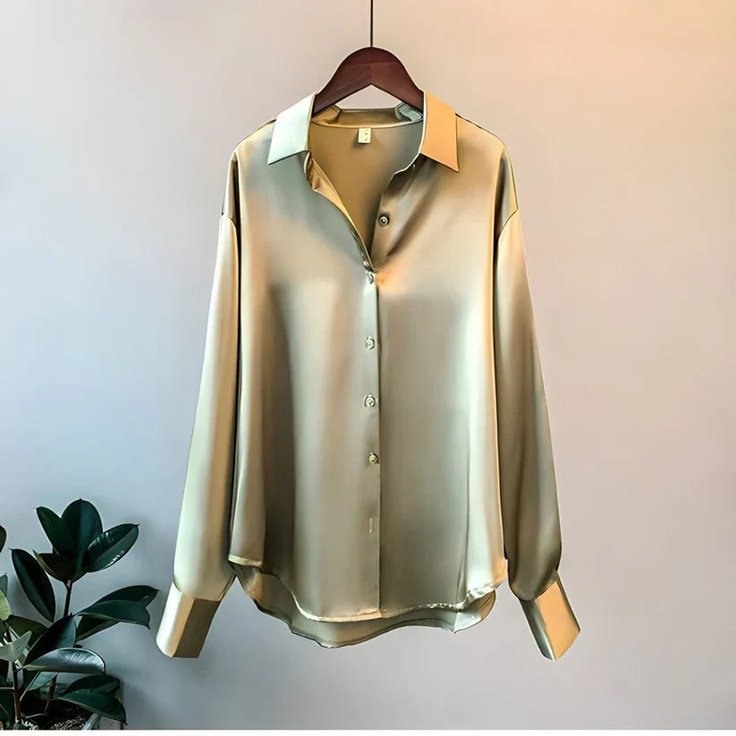 Satin Long Sleeve Button-Up Blouse for Women