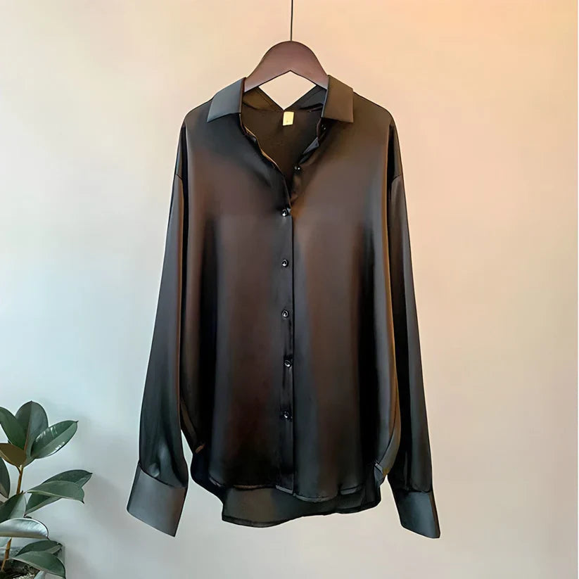 Satin Long Sleeve Button-Up Blouse for Women