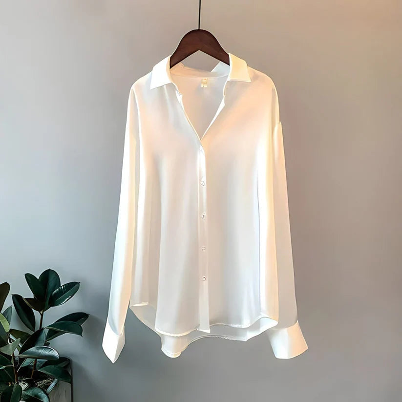 Satin Long Sleeve Button-Up Blouse for Women