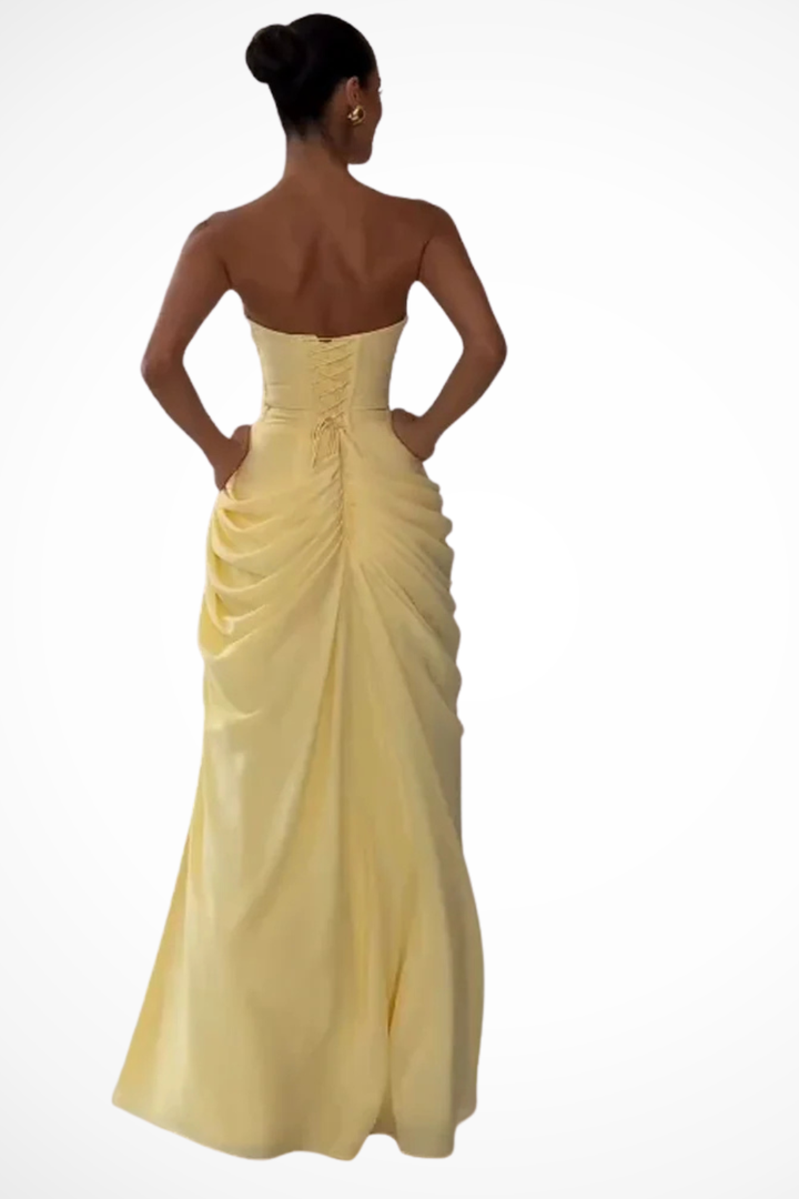 Strapless Ruched Maxi Dress with Slit for Women
