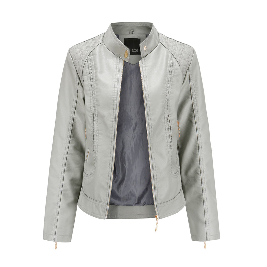 Leather Biker Jacket with Stand Collar for Women