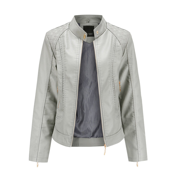 Leather Biker Jacket with Stand Collar for Women
