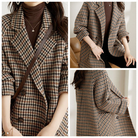 Oversized Houndstooth Double-Breasted Blazer for Women