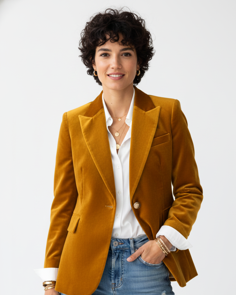 Velvet Blazer with Gold Buttons for Women