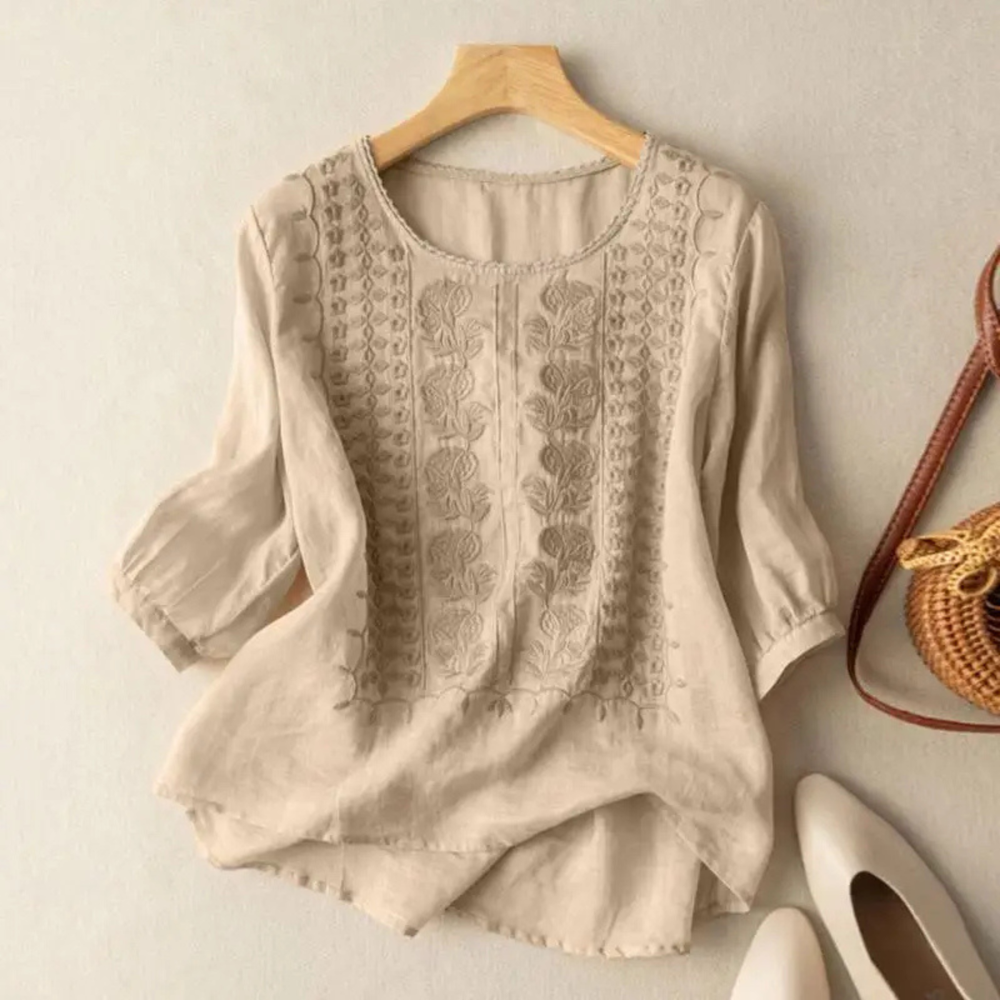 Embroidered Cotton Blouse with 3/4 Sleeves for Women