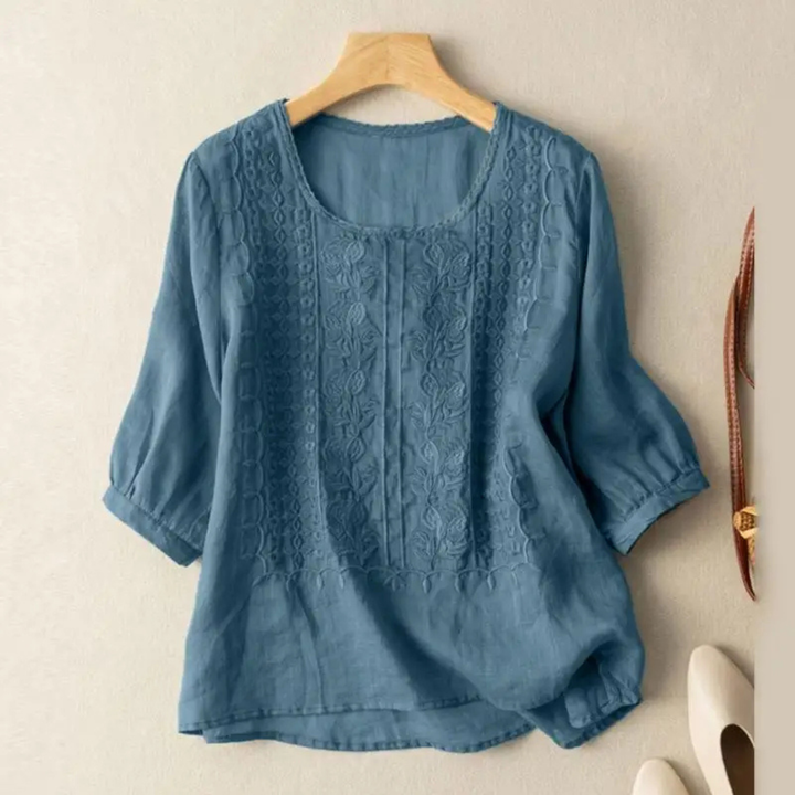 Embroidered Cotton Blouse with 3/4 Sleeves for Women