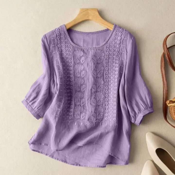 Embroidered Cotton Blouse with 3/4 Sleeves for Women