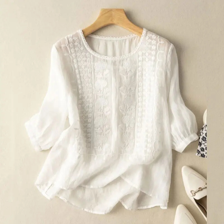 Embroidered Cotton Blouse with 3/4 Sleeves for Women