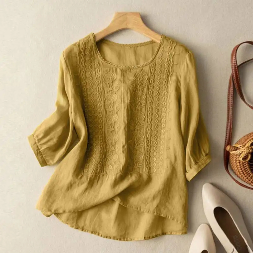 Embroidered Cotton Blouse with 3/4 Sleeves for Women