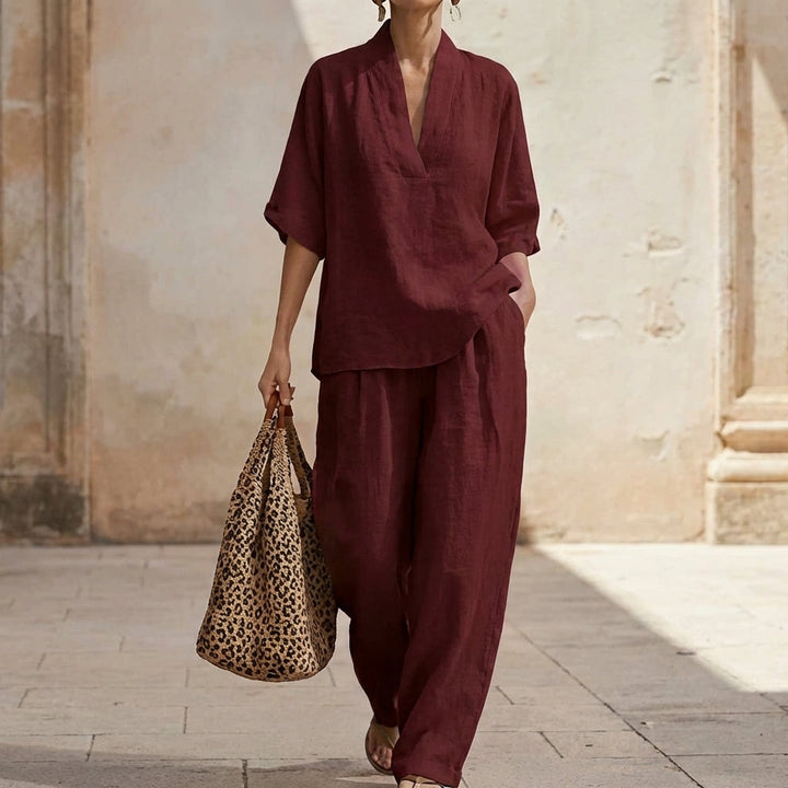V-Neck Top and Wide Leg Pants Set for Women