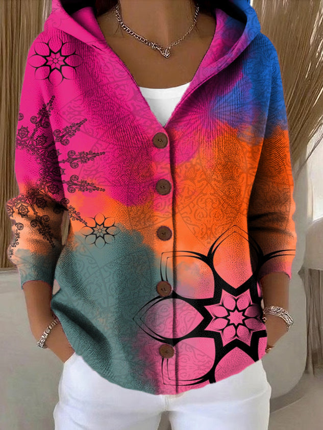 Printed Button-Front Hoodie for Women