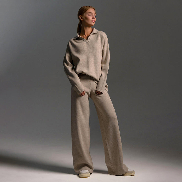 Knit Polo Sweater and Wide Leg Pants Set for Women