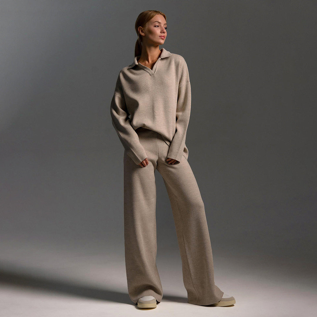 Knit Polo Sweater and Wide Leg Pants Set for Women