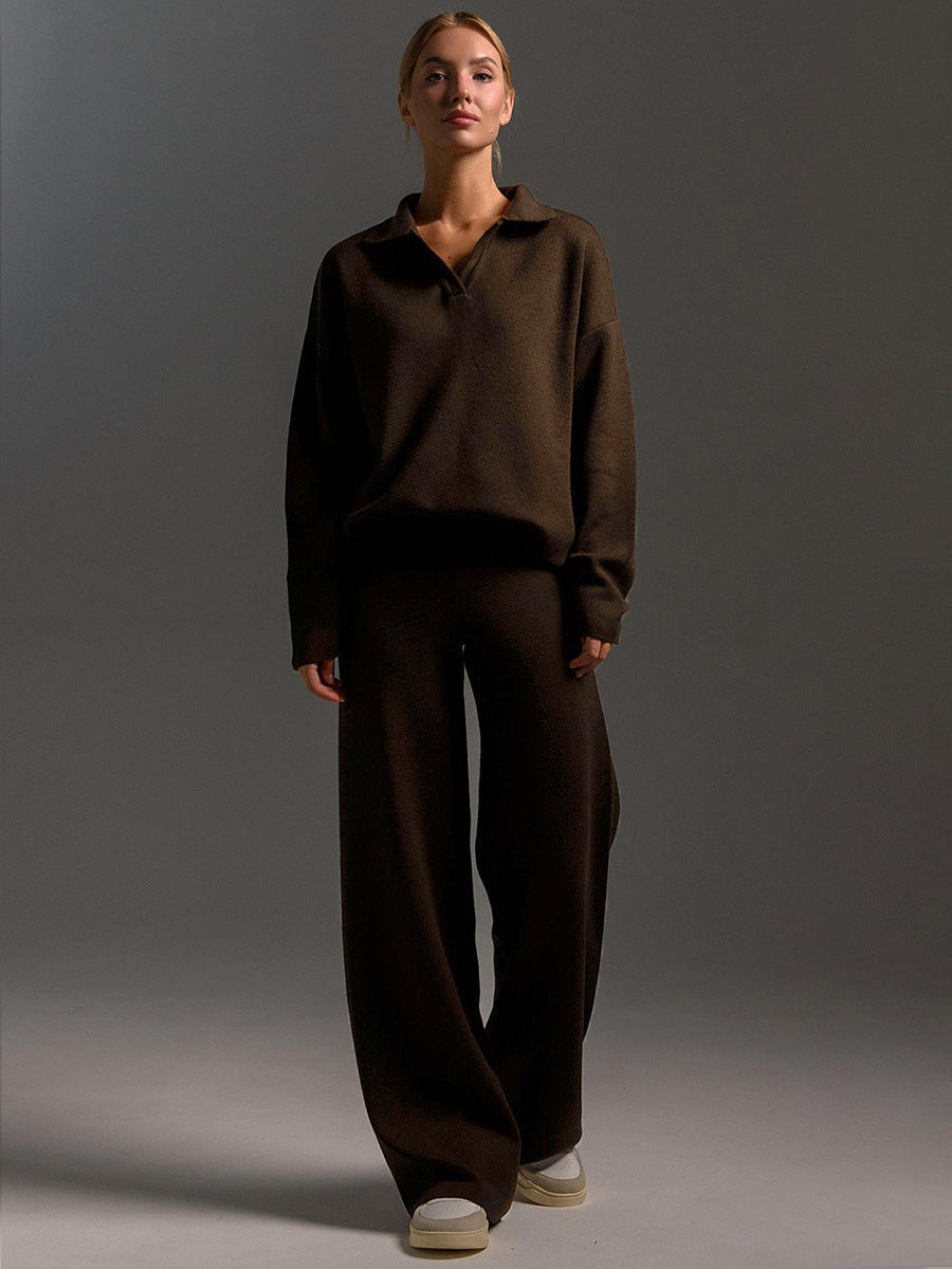 Knit Polo Sweater and Wide Leg Pants Set for Women