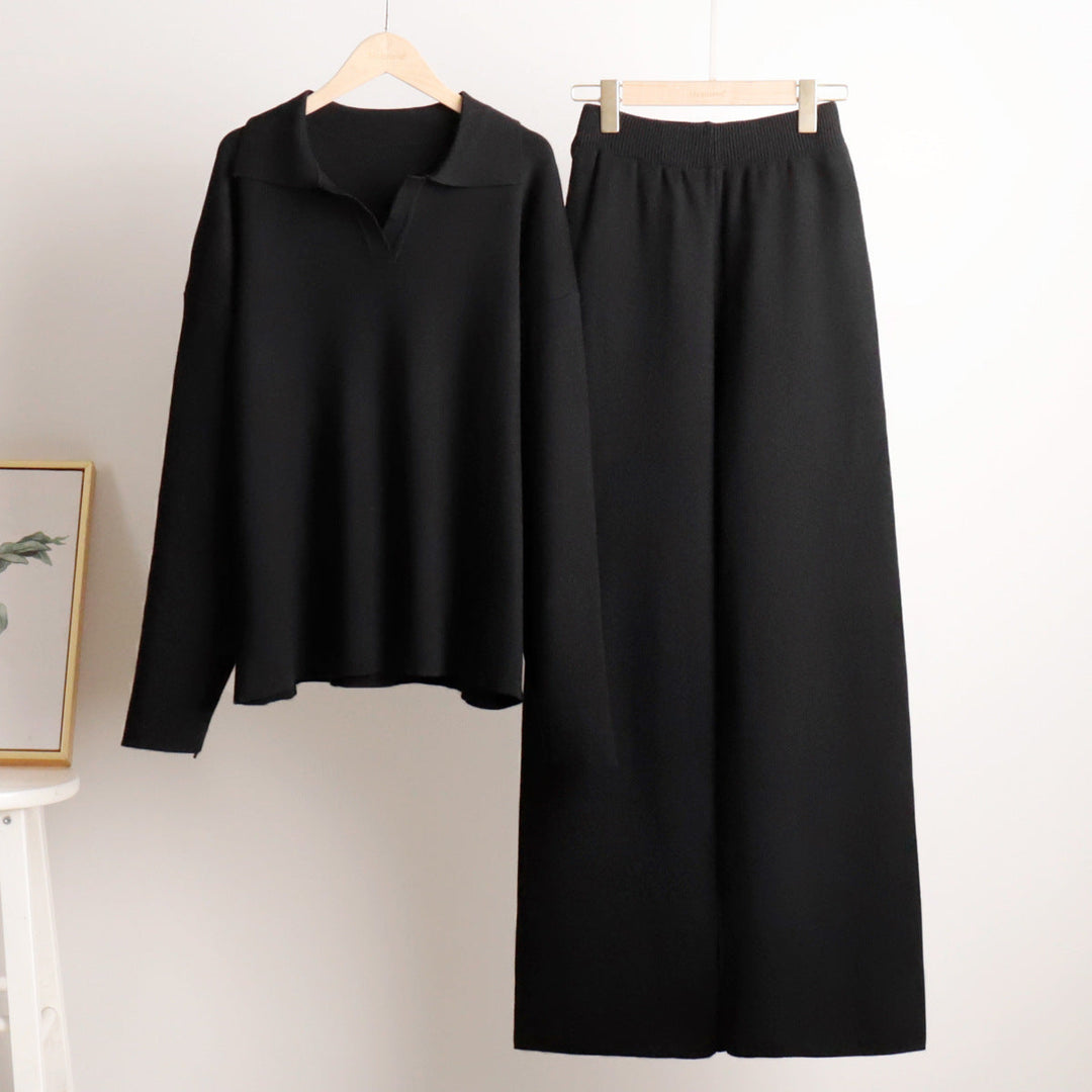 Knit Polo Sweater and Wide Leg Pants Set for Women