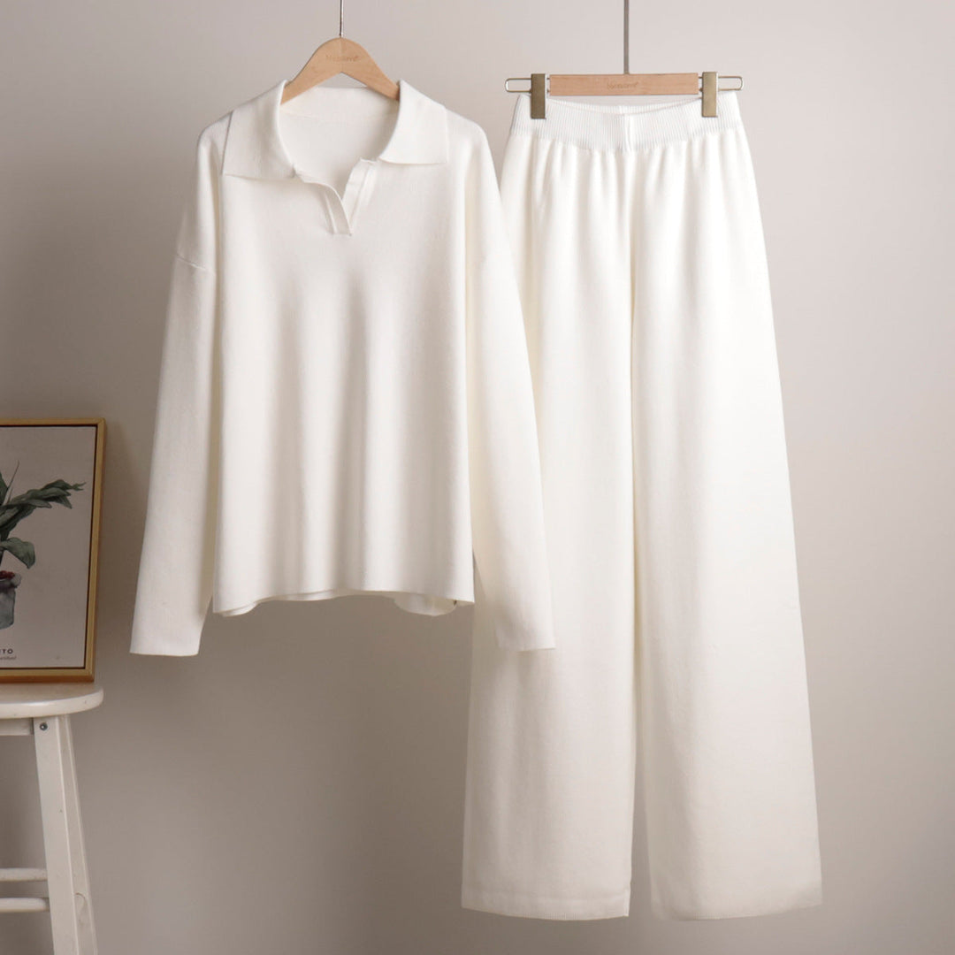 Knit Polo Sweater and Wide Leg Pants Set for Women