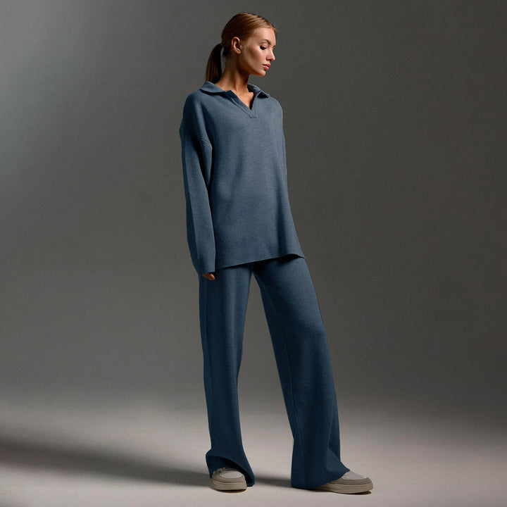 Knit Polo Sweater and Wide Leg Pants Set for Women